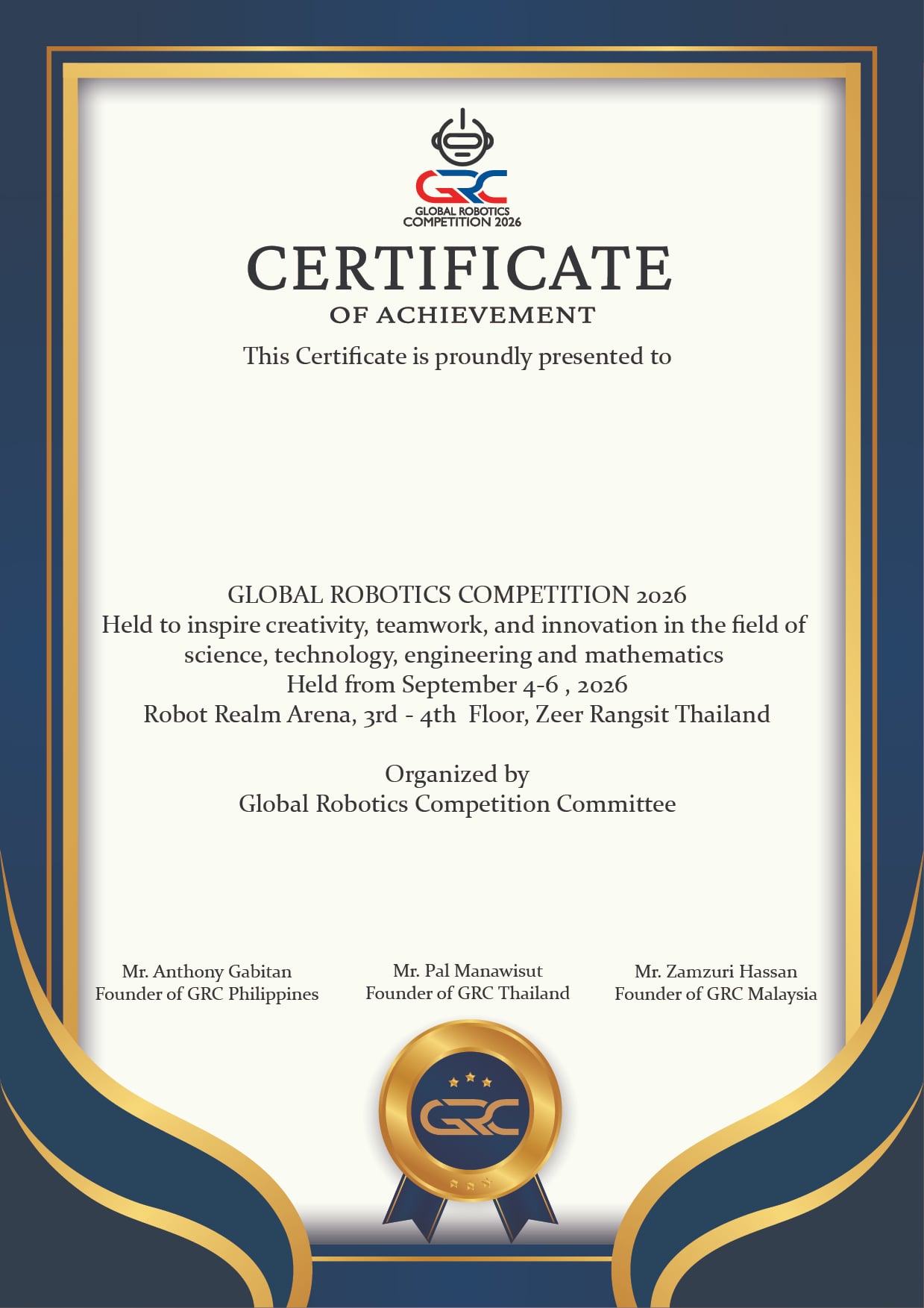 ตัวอย่างCertificate GRC 2026 ของงาน Global Robotics Competition 2026